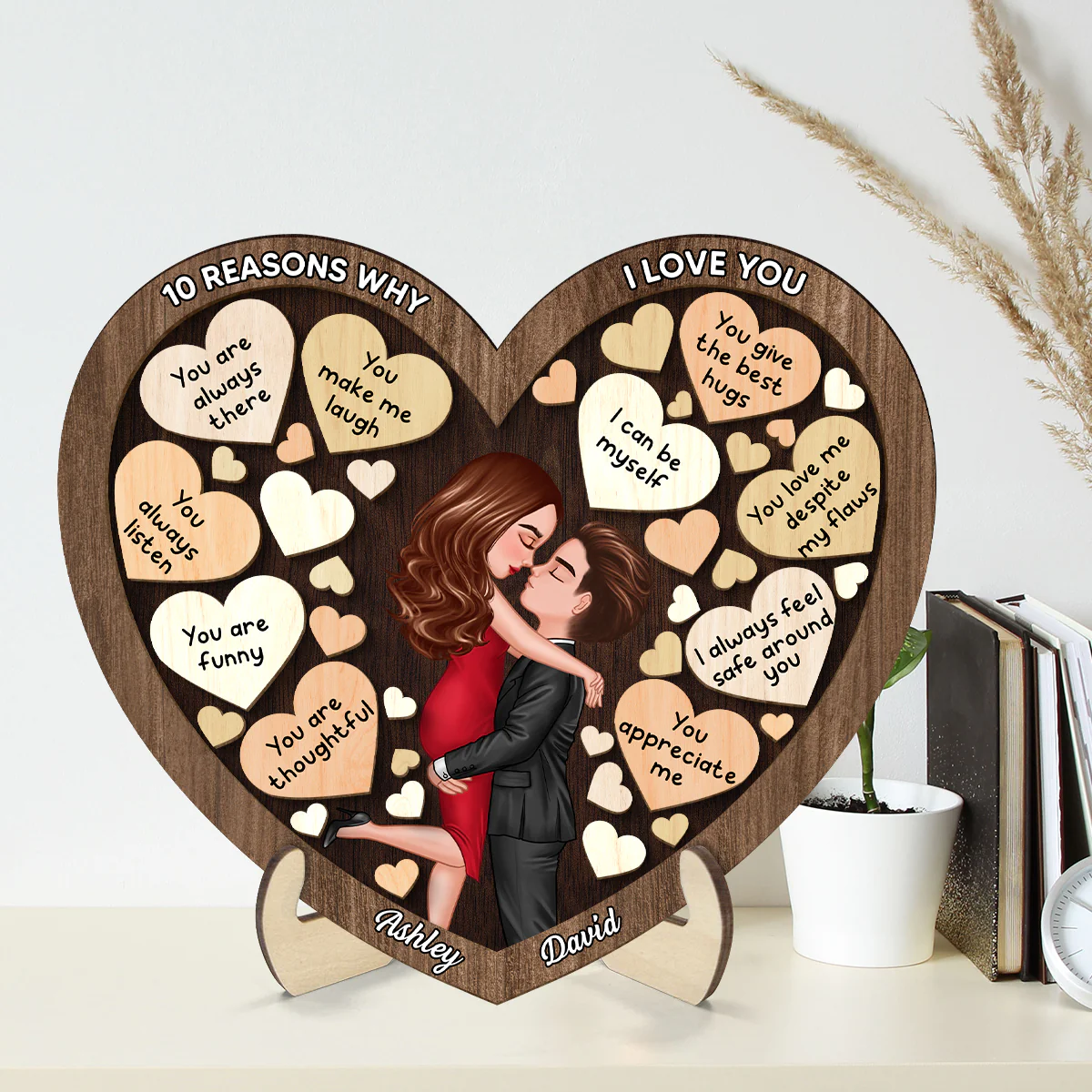 Couple Kissing In Heart Reasons I Love You Personalized 2-layer Wooden Plaque, Gift For Him, Gift For Her - Image 2