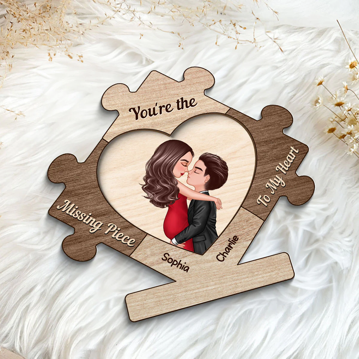 Couple Kissing In Puzzle Piece Personalized 2-layer Wooden Plaque, Gift For Him, For Her - Image 5