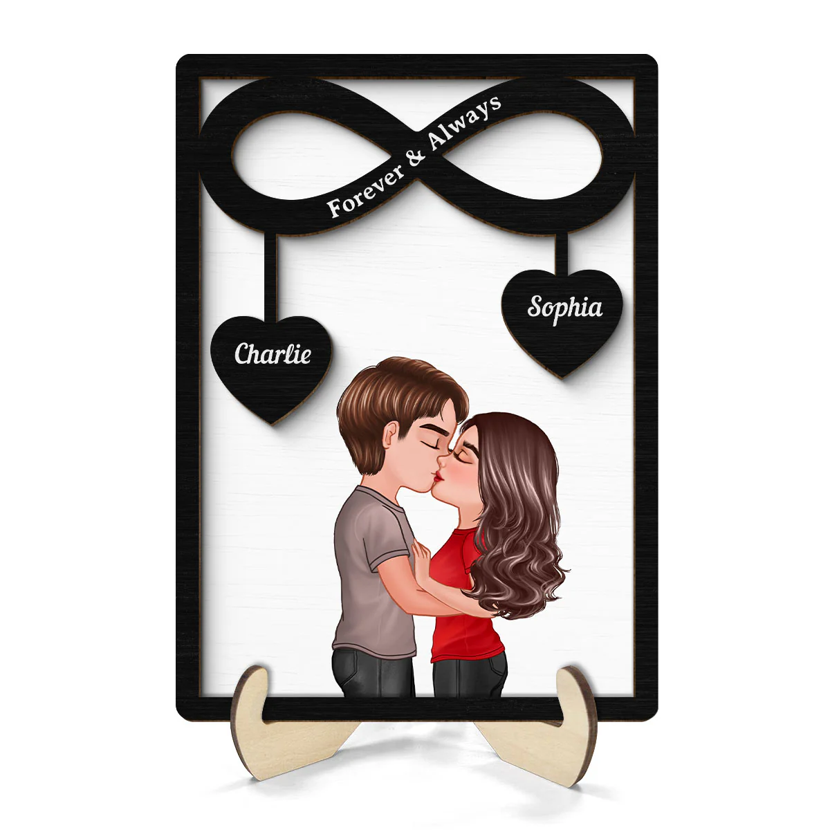 Couple Kissing Infinity Hearts Hanging Personalized 2-layer Wooden Plaque, Gift For Him, For Her