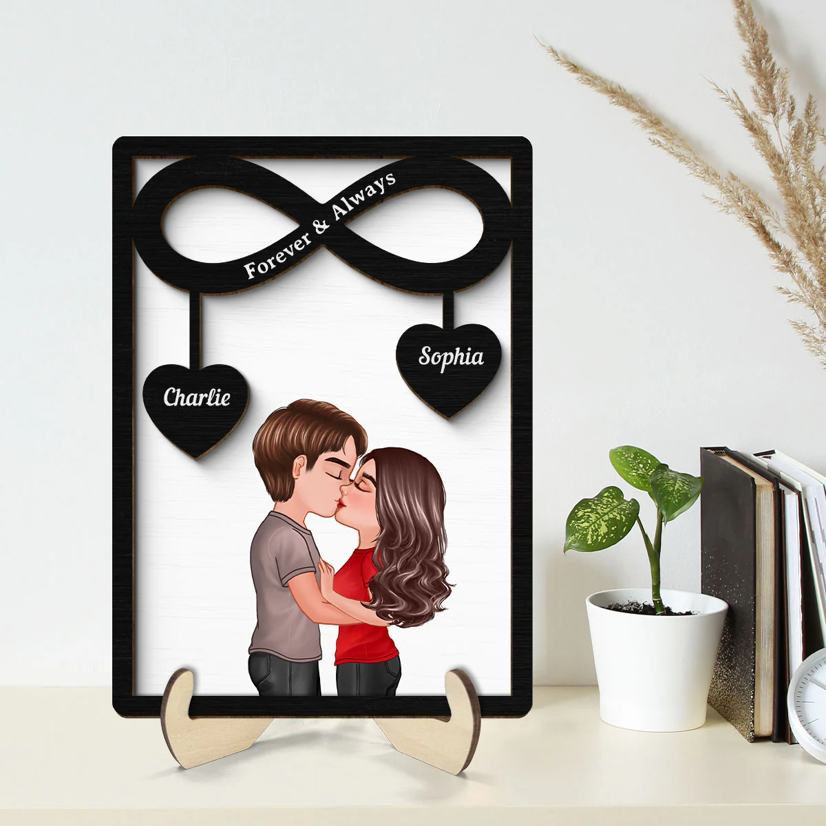 Couple Kissing Infinity Hearts Hanging Personalized 2-layer Wooden Plaque, Gift For Him, For Her - Image 2
