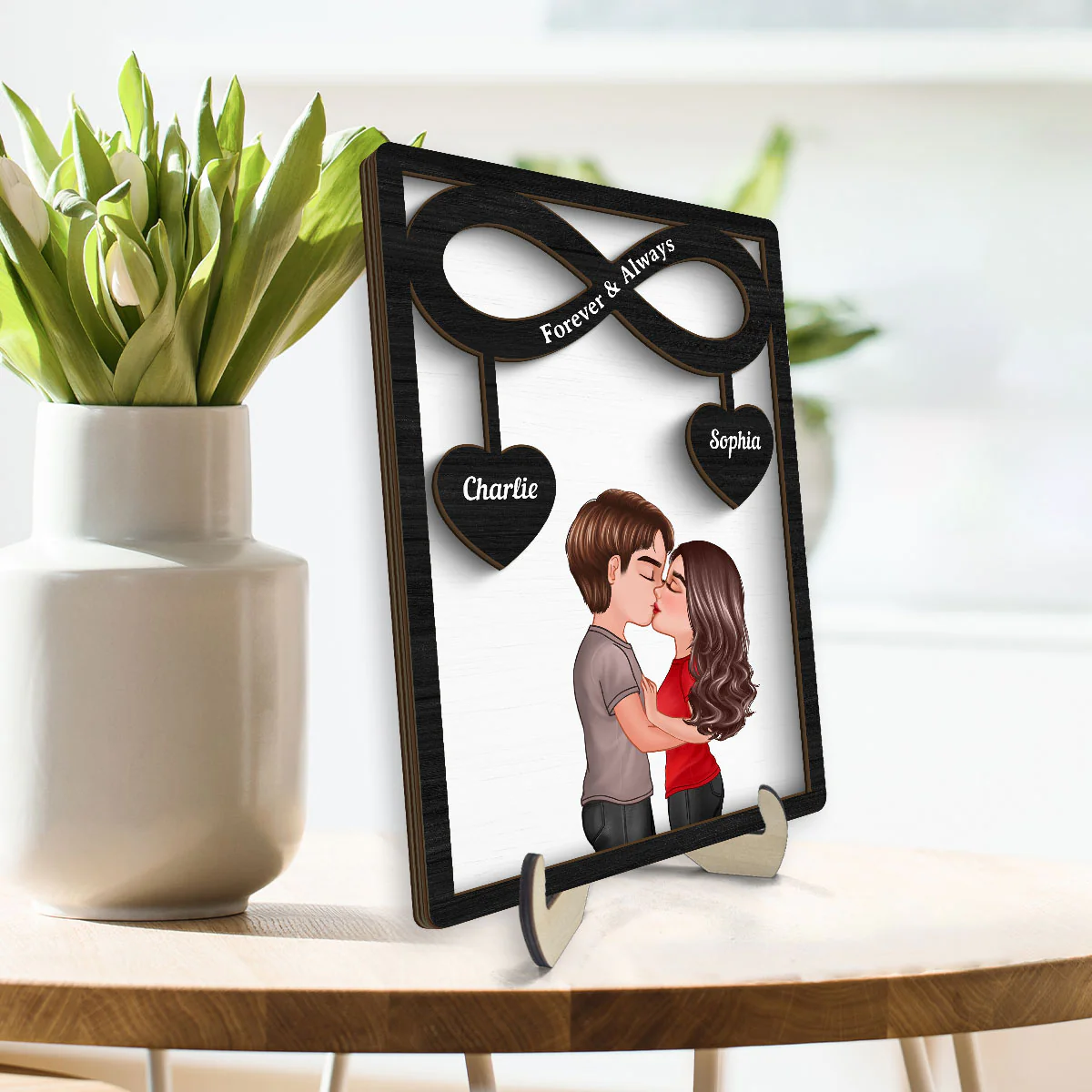 Couple Kissing Infinity Hearts Hanging Personalized 2-layer Wooden Plaque, Gift For Him, For Her - Image 3