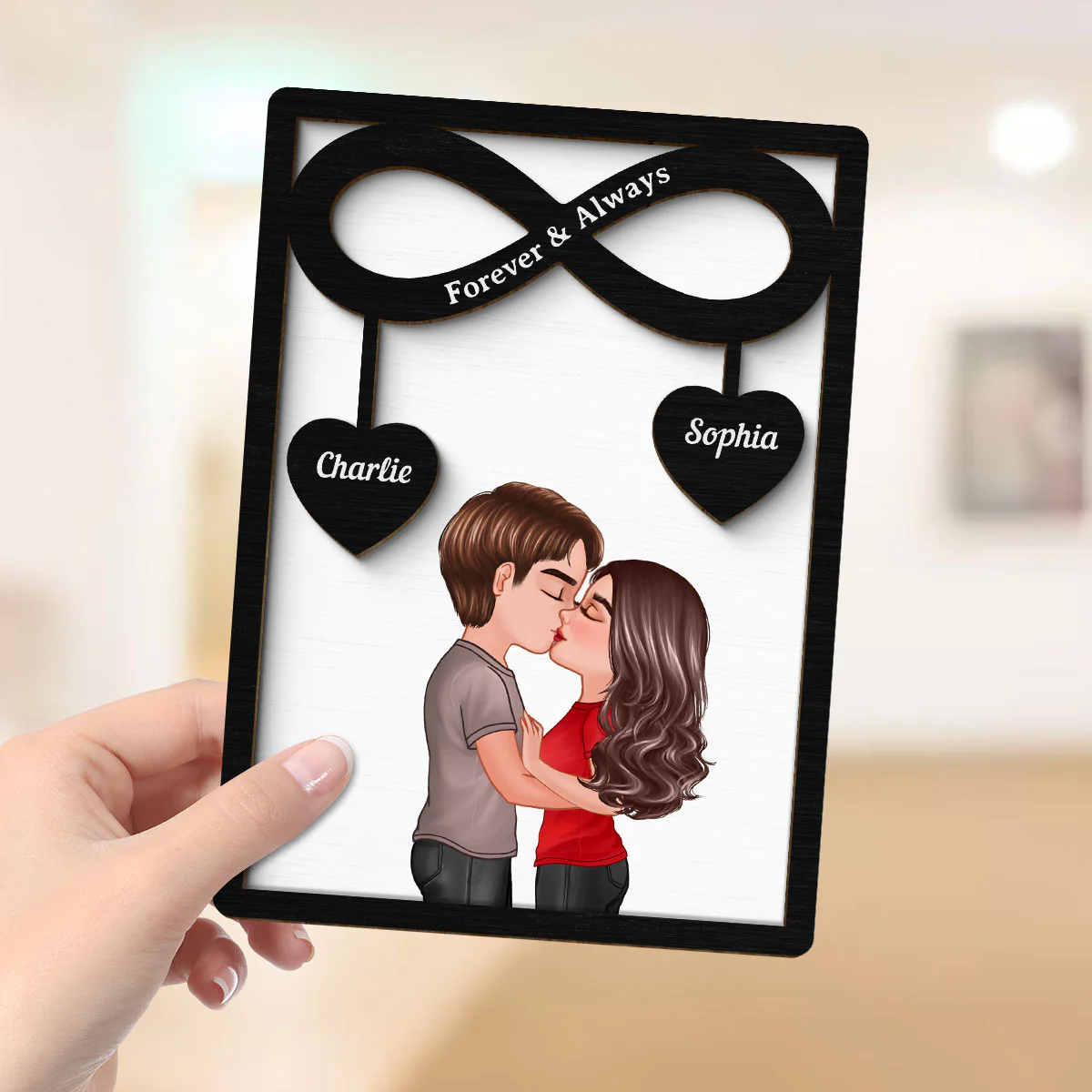Couple Kissing Infinity Hearts Hanging Personalized 2-layer Wooden Plaque, Gift For Him, For Her - Image 4