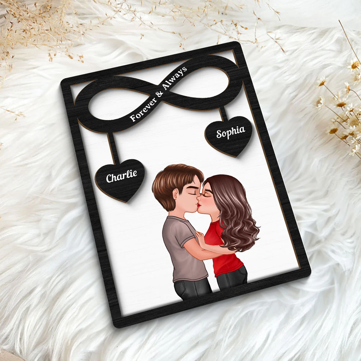 Couple Kissing Infinity Hearts Hanging Personalized 2-layer Wooden Plaque, Gift For Him, For Her - Image 5