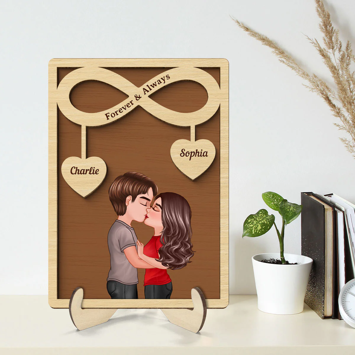 Couple Kissing Infinity Hearts Hanging Personalized 2-layer Wooden Plaque, Gift For Him, For Her - Image 7