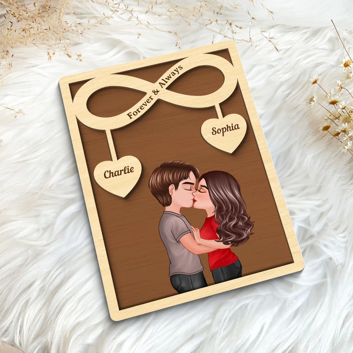 Couple Kissing Infinity Hearts Hanging Personalized 2-layer Wooden Plaque, Gift For Him, For Her - Image 8