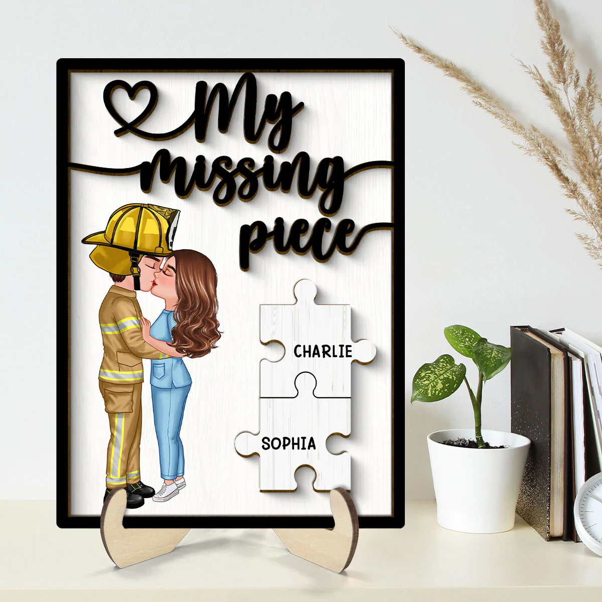 Couple Kissing My Missing Piece Valentine‘s Day Gifts by Occupation Gift For Her Gift For Him Firefighter, Nurse, Police Officer Personalized 2-Layer Wooden Plaque - Image 2
