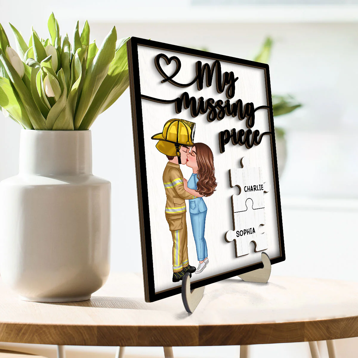 Couple Kissing My Missing Piece Valentine‘s Day Gifts by Occupation Gift For Her Gift For Him Firefighter, Nurse, Police Officer Personalized 2-Layer Wooden Plaque - Image 3