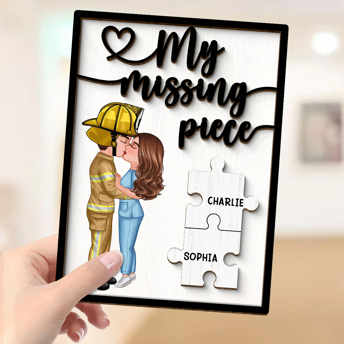 Couple Kissing My Missing Piece Valentine‘s Day Gifts by Occupation Gift For Her Gift For Him Firefighter, Nurse, Police Officer Personalized 2-Layer Wooden Plaque - Image 4