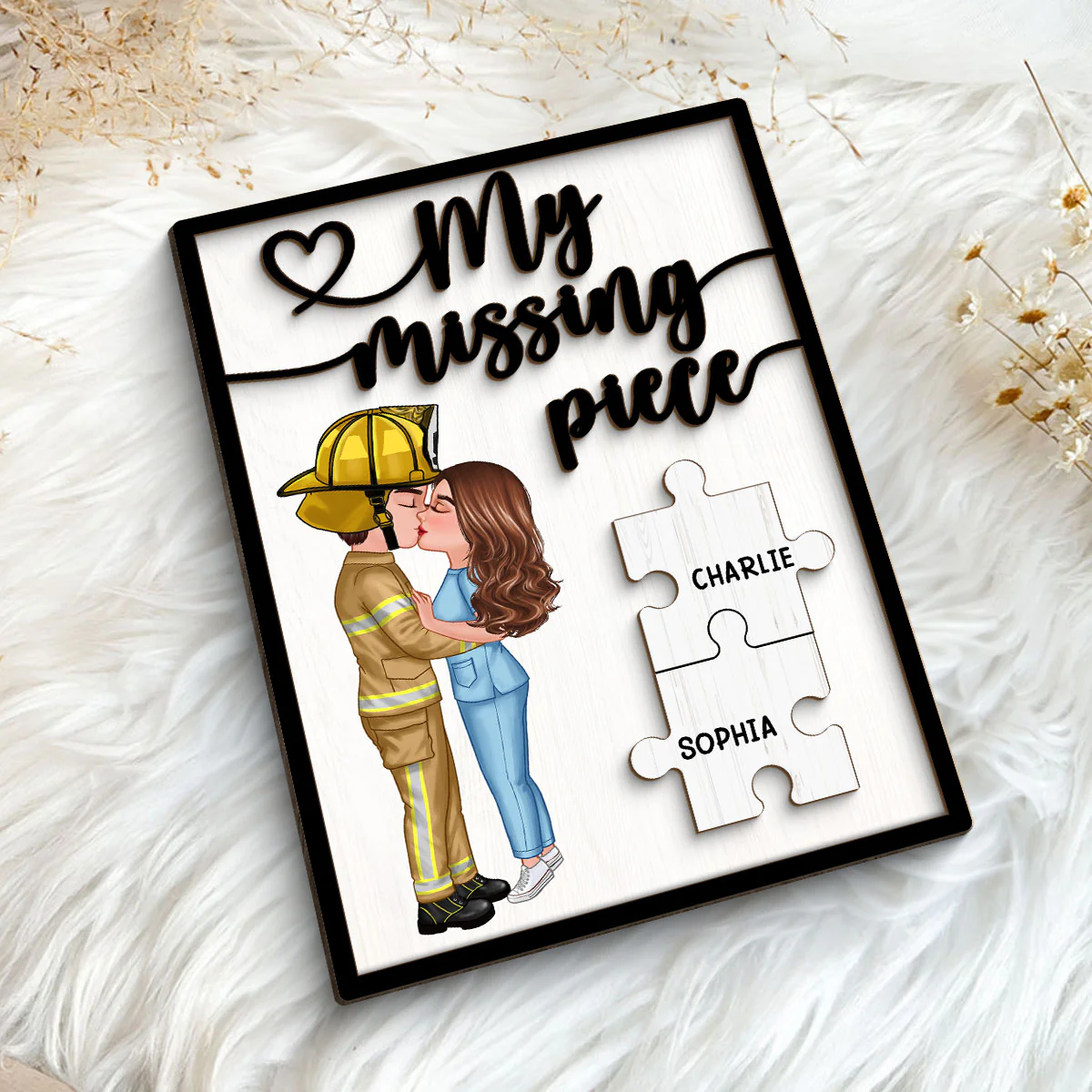 Couple Kissing My Missing Piece Valentine‘s Day Gifts by Occupation Gift For Her Gift For Him Firefighter, Nurse, Police Officer Personalized 2-Layer Wooden Plaque - Image 5