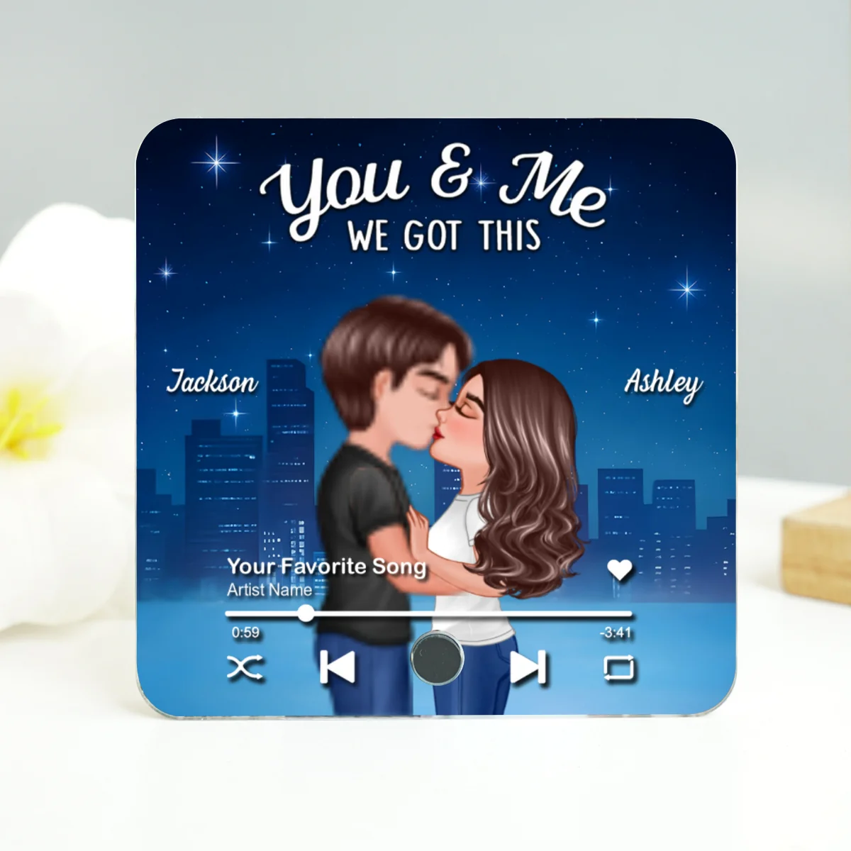 Couple Kissing Neon City Night Skyline Personalized Music Magnet, Anniversary gift for him, for her - Image 13