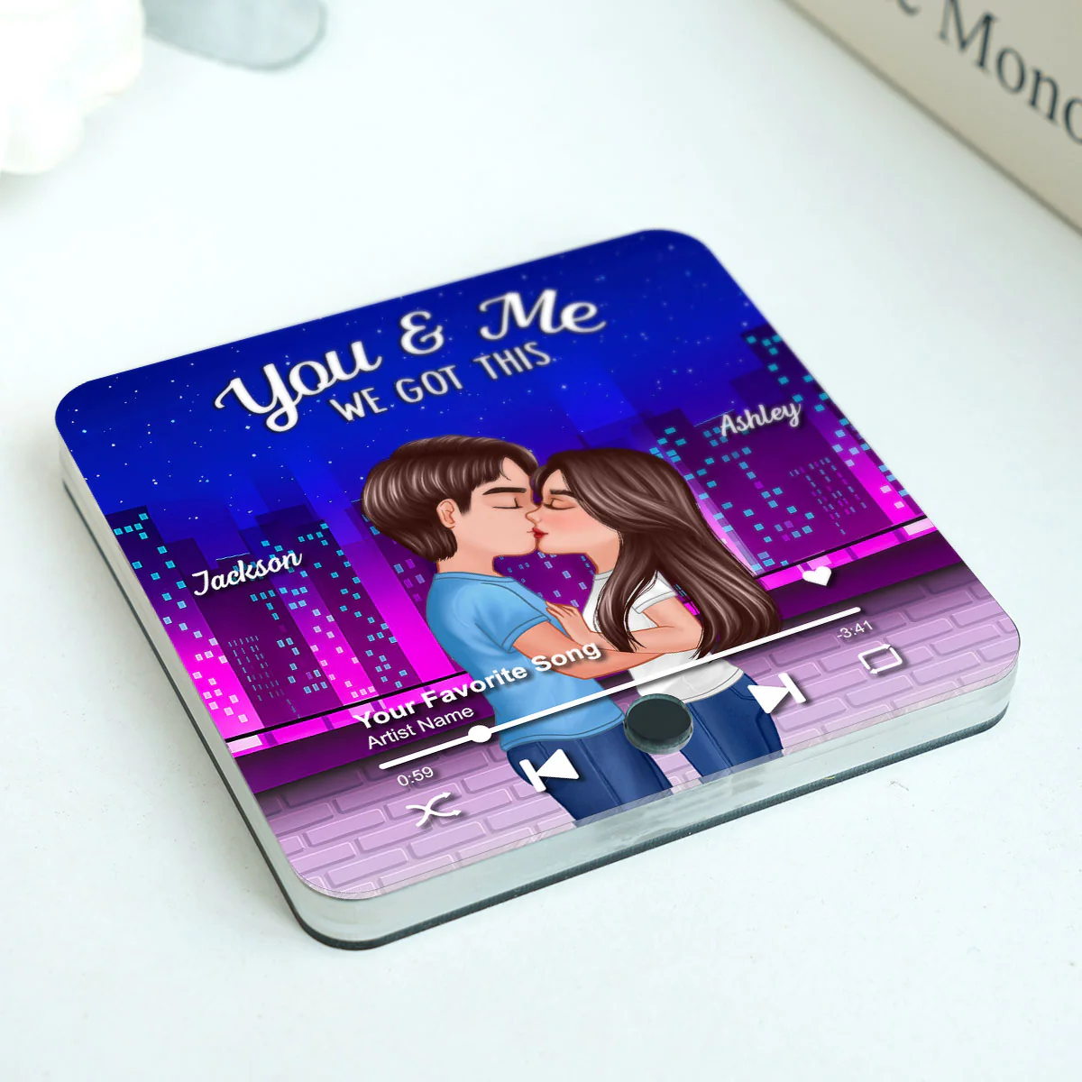 Couple Kissing Neon City Night Skyline Personalized Music Magnet, Anniversary gift for him, for her - Image 9