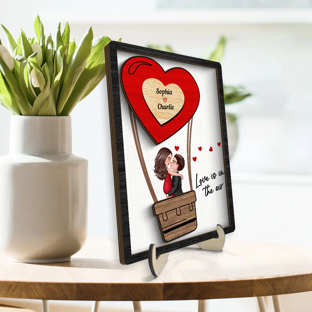 Couple Kissing On Air Balloon Gift Personalized 2-layer Wooden Plaque - Image 3