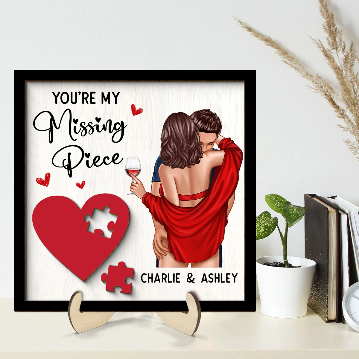 Couple Kissing On Shoulder Missing Piece Red Heart Personalized 2-Layer Wooden Plaque, Valentine‘s Day Gift For Him, For Her - Image 2
