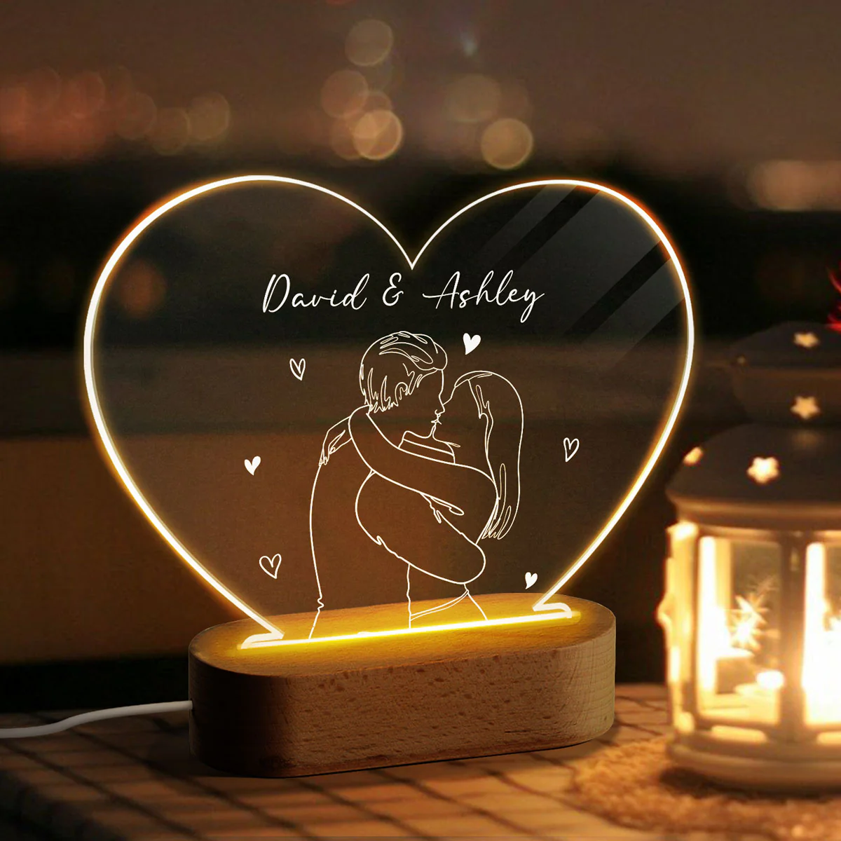 Couple Kissing Outline Personalized Heart Plaque LED Night Light, Acrylic LED Lamp, Valentine‘s Day Gift For Him, For Her - Image 3