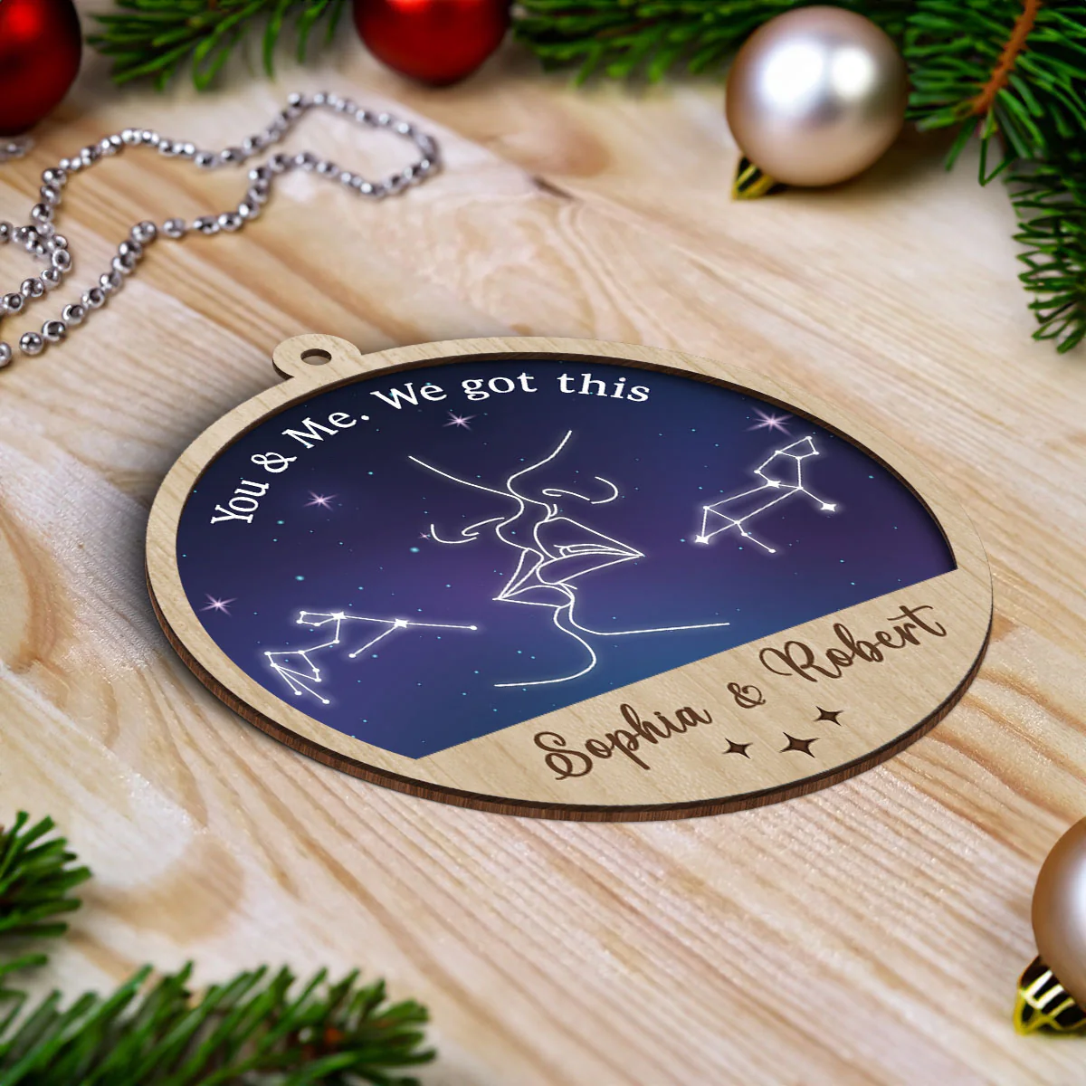 Couple Kissing Outline Zodiac Galaxy Sky Personalized 2-Layer Wooden Ornament - Image 5