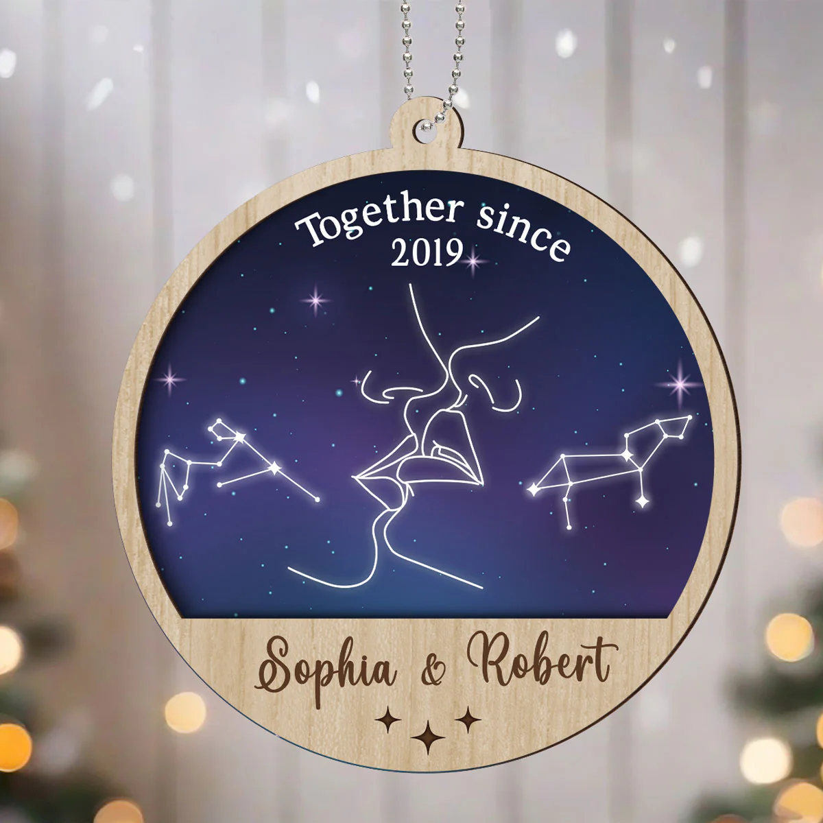 Couple Kissing Outline Zodiac Galaxy Sky Personalized 2-Layer Wooden Ornament - Image 6