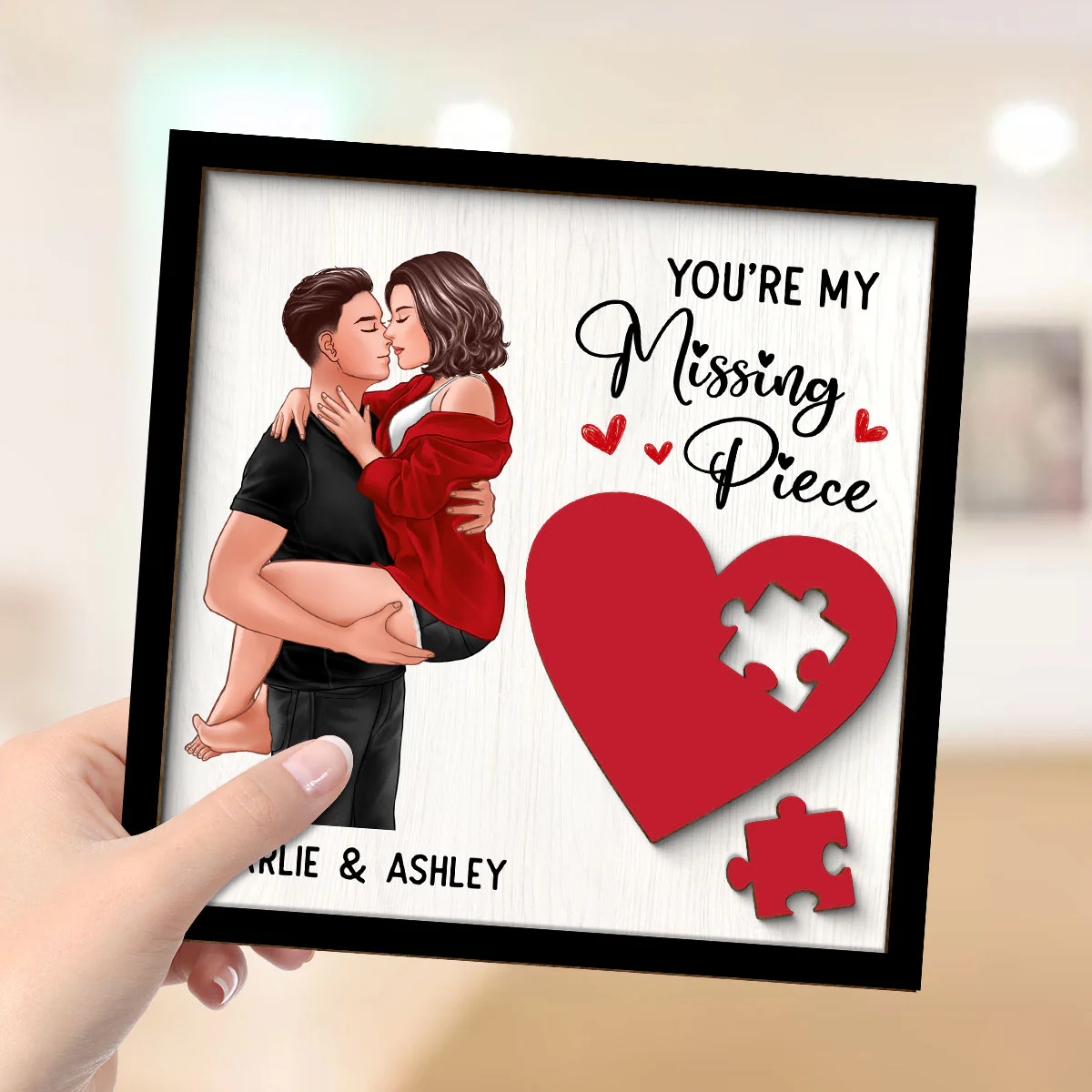 Couple Kissing Passionate Missing Piece Red Heart Valentine‘s Day Gift For Her Gift For Him Personalized 2-Layer Wooden Plaque - Image 4