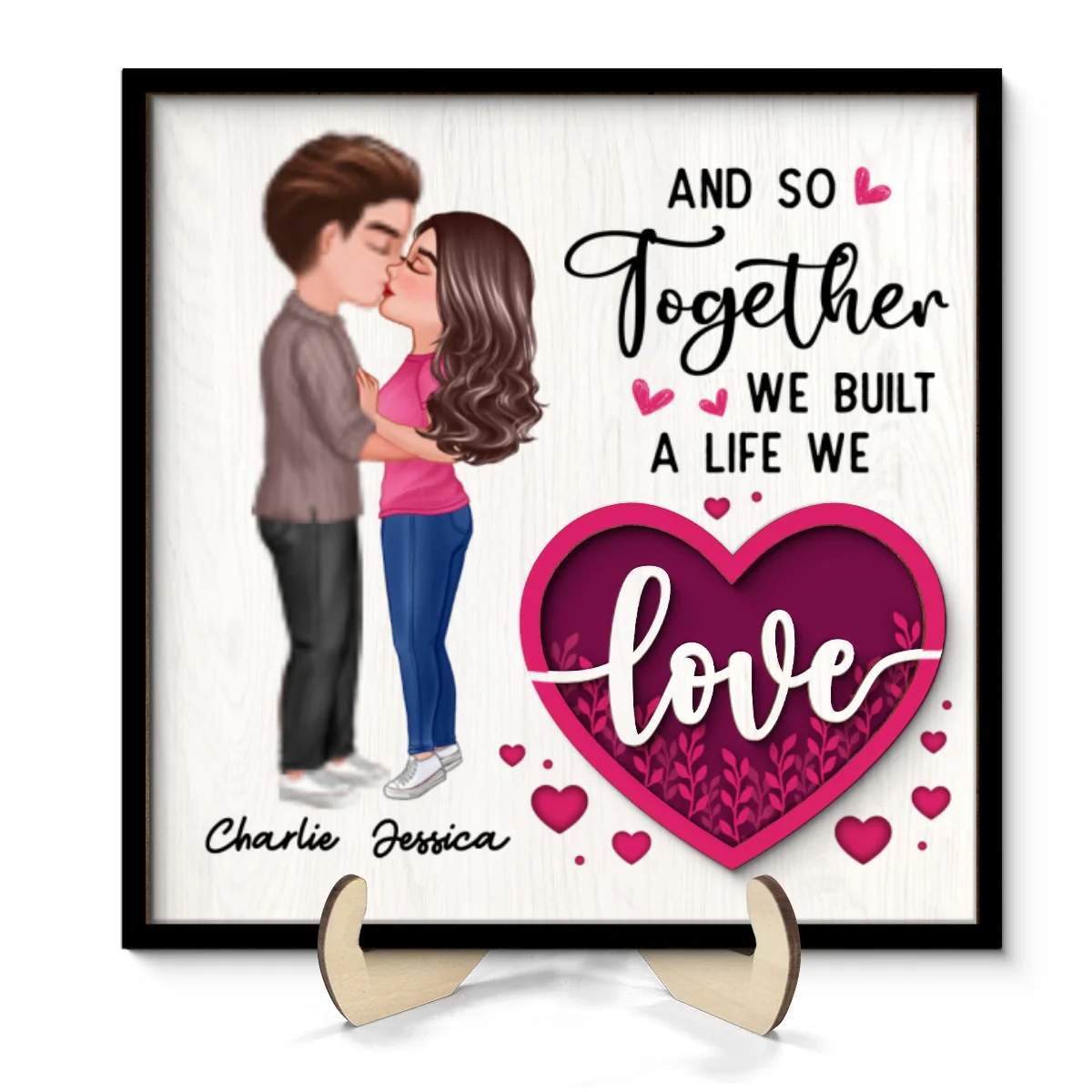 Couple Kissing Pink Heart Valentine‘s Day Gift For Him For Her Personalized 2-Layer Wooden Plaque - Image 8