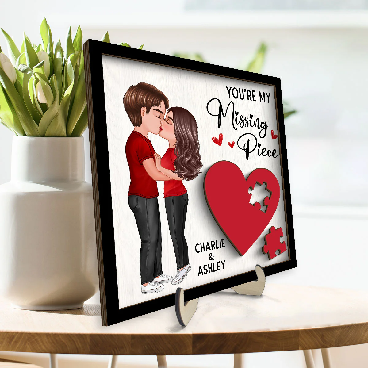 Couple Kissing Standing Red Heart Puzzle Personalized 2-layer Wooden Plaque, Valentine‘s Day Gift For Him, For Her - Image 3