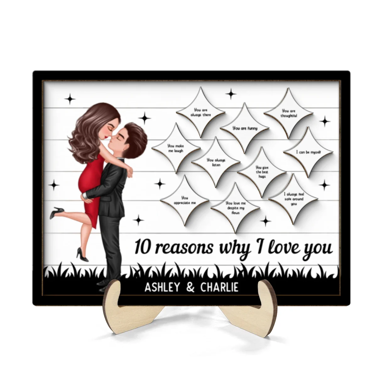 Couple Kissing Star Sky Reasons I Love You Personalized 2-layer Wooden Plaque - Image 8