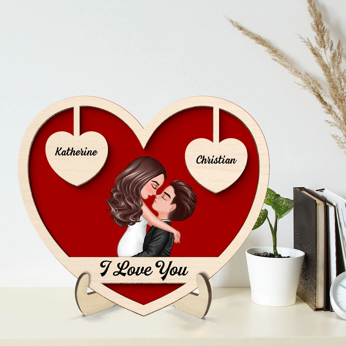 Couple Kissing Two Hearts Custom Message Personalized 2-layer Wooden Plaque - Image 2