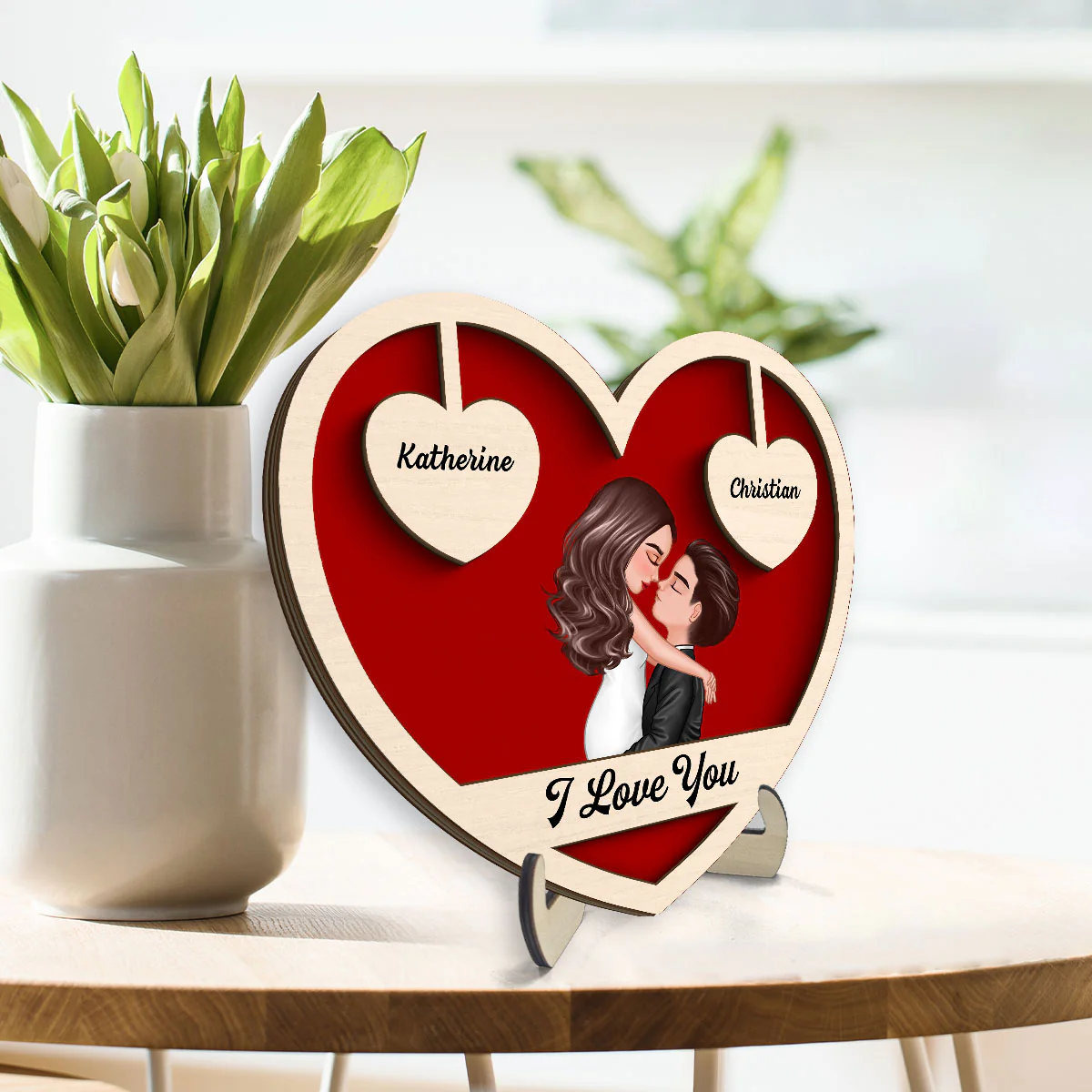 Couple Kissing Two Hearts Custom Message Personalized 2-layer Wooden Plaque - Image 3