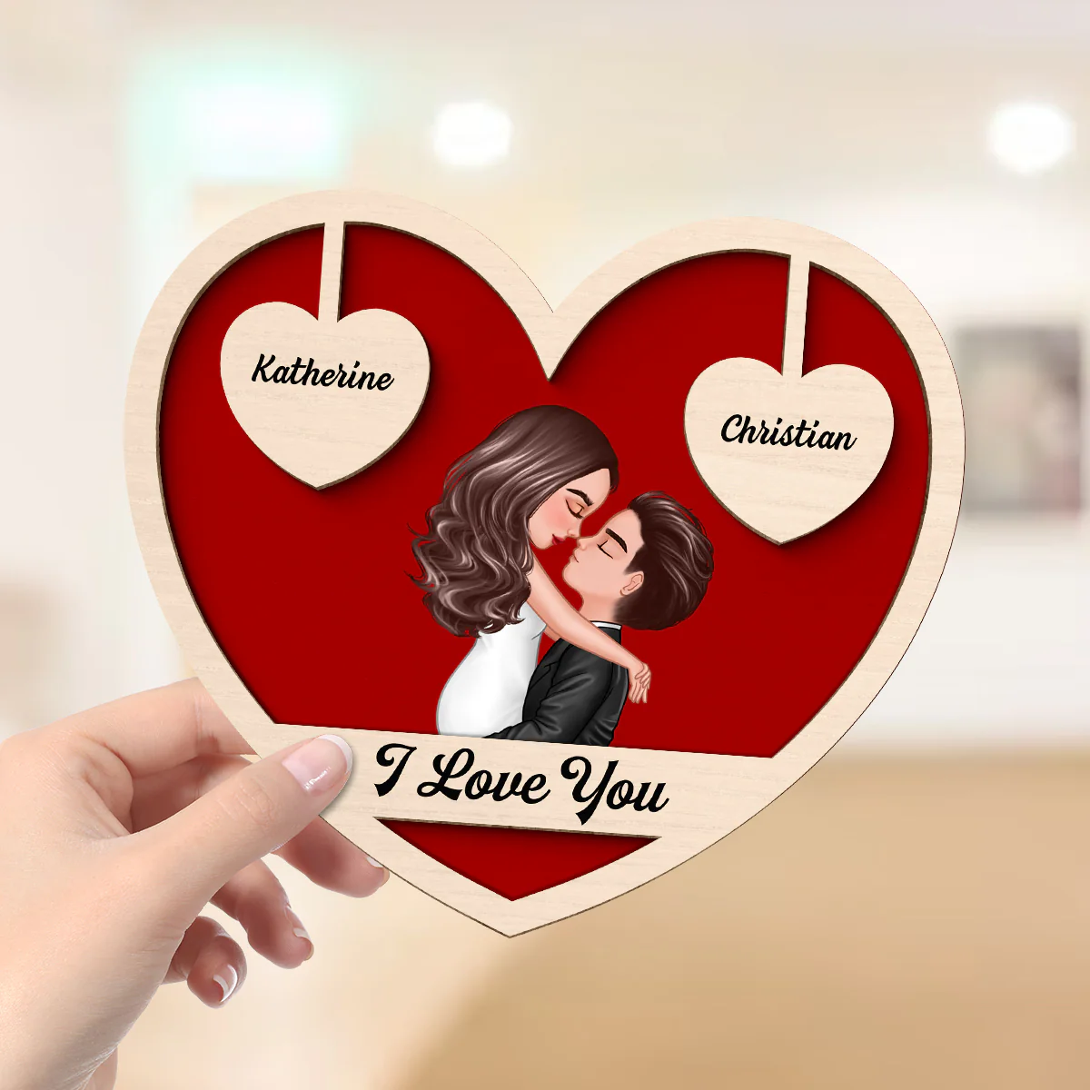 Couple Kissing Two Hearts Custom Message Personalized 2-layer Wooden Plaque - Image 4