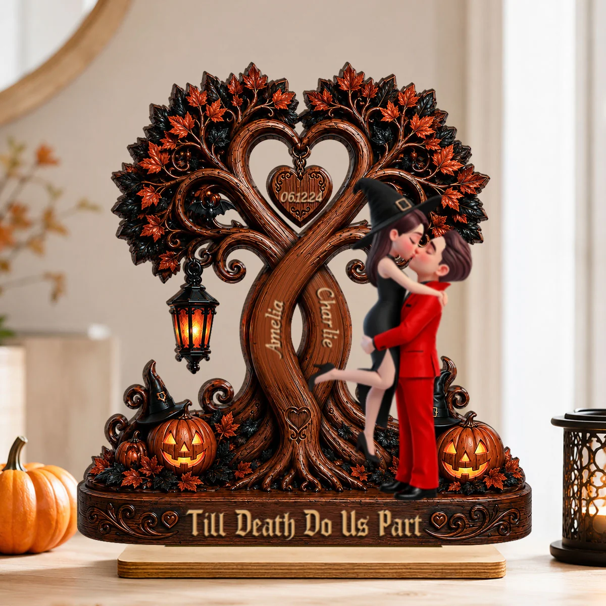 Couple Kissing Under Halloween Tree - Personalized 2-Layered Wooden Plaque - Halloween Decor for Her, for Him - Image 11