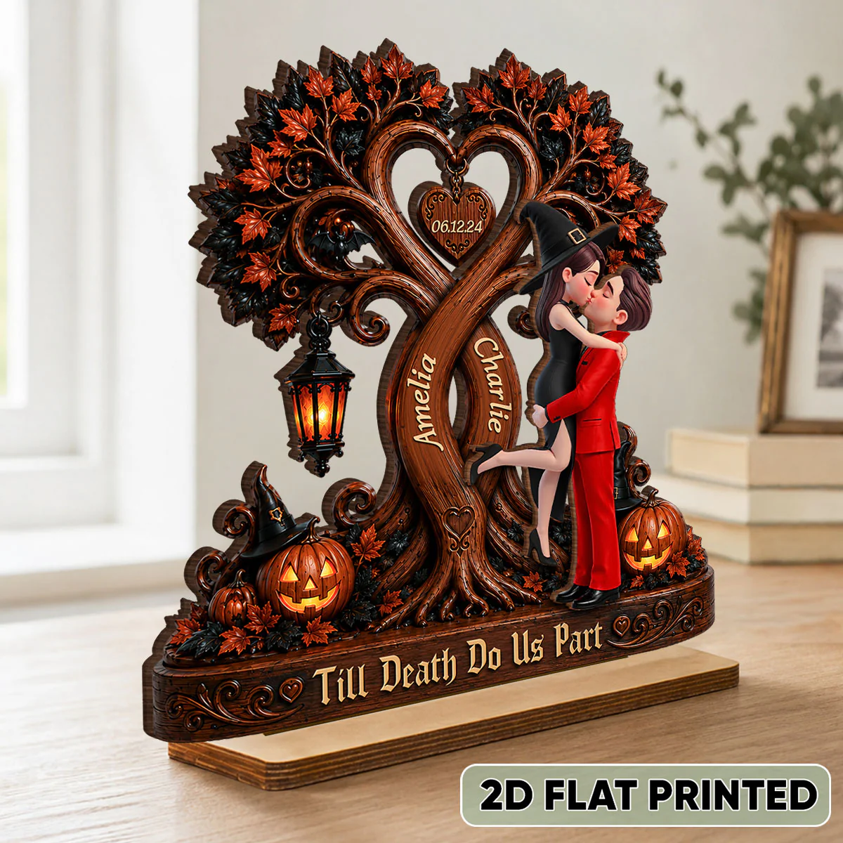 Couple Kissing Under Halloween Tree - Personalized 2-Layered Wooden Plaque - Halloween Decor for Her, for Him - Image 2