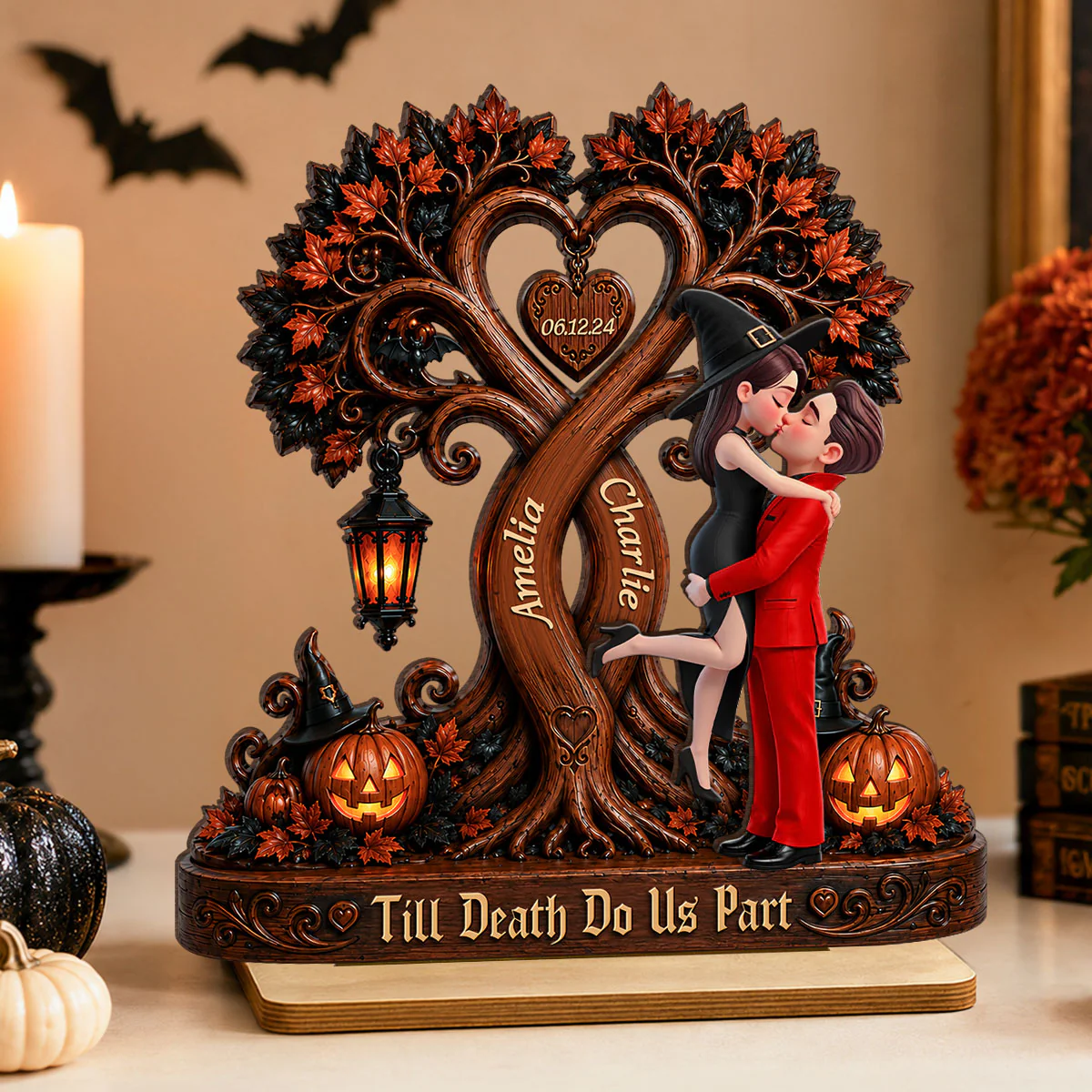 Couple Kissing Under Halloween Tree - Personalized 2-Layered Wooden Plaque - Halloween Decor for Her, for Him - Image 3