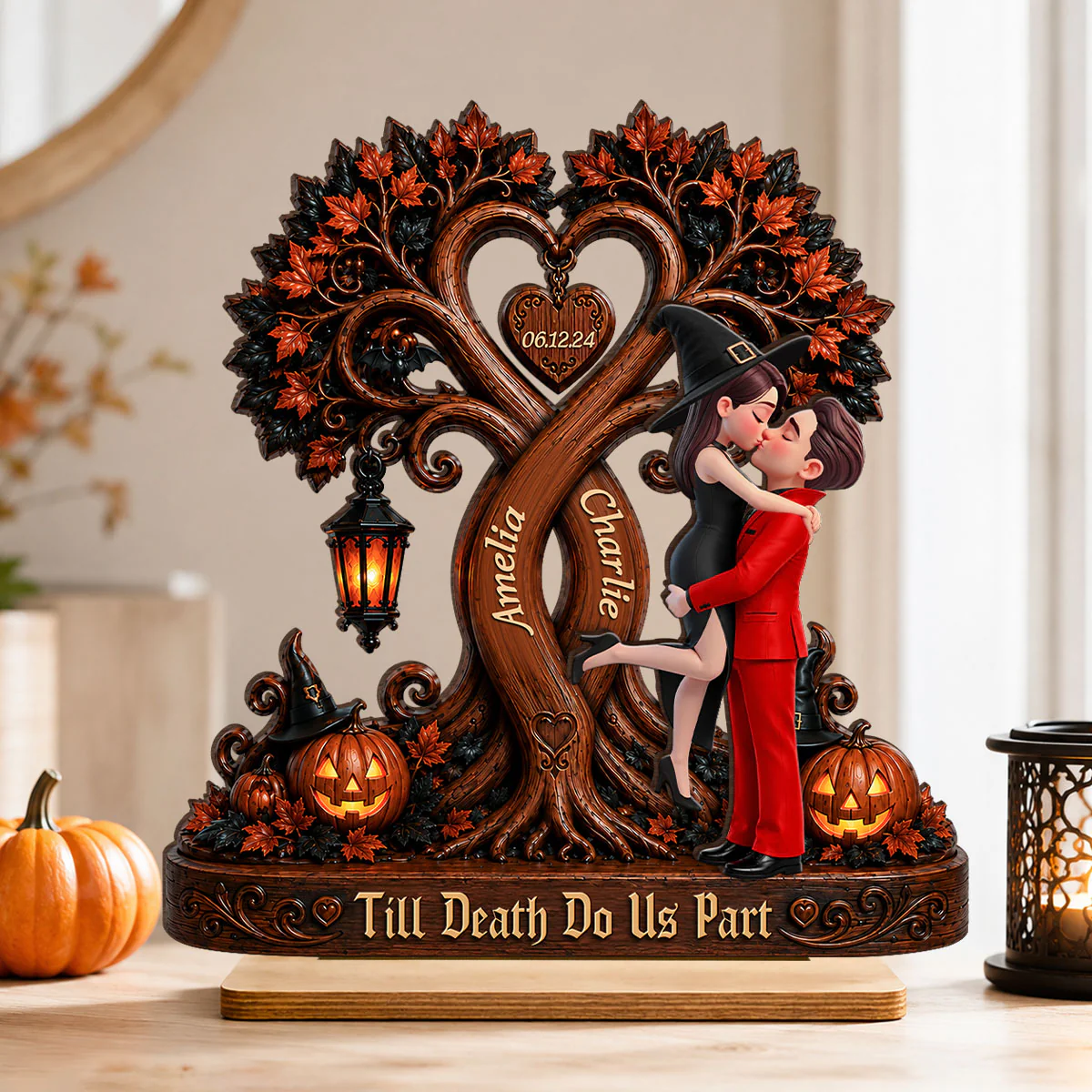 Couple Kissing Under Halloween Tree - Personalized 2-Layered Wooden Plaque - Halloween Decor for Her, for Him - Image 5