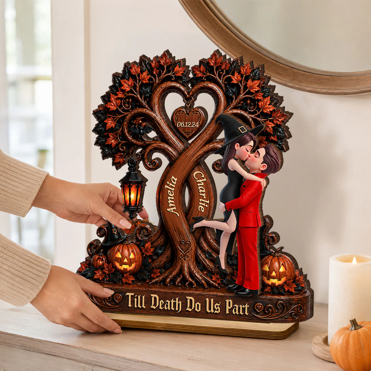 Couple Kissing Under Halloween Tree - Personalized 2-Layered Wooden Plaque - Halloween Decor for Her, for Him - Image 6