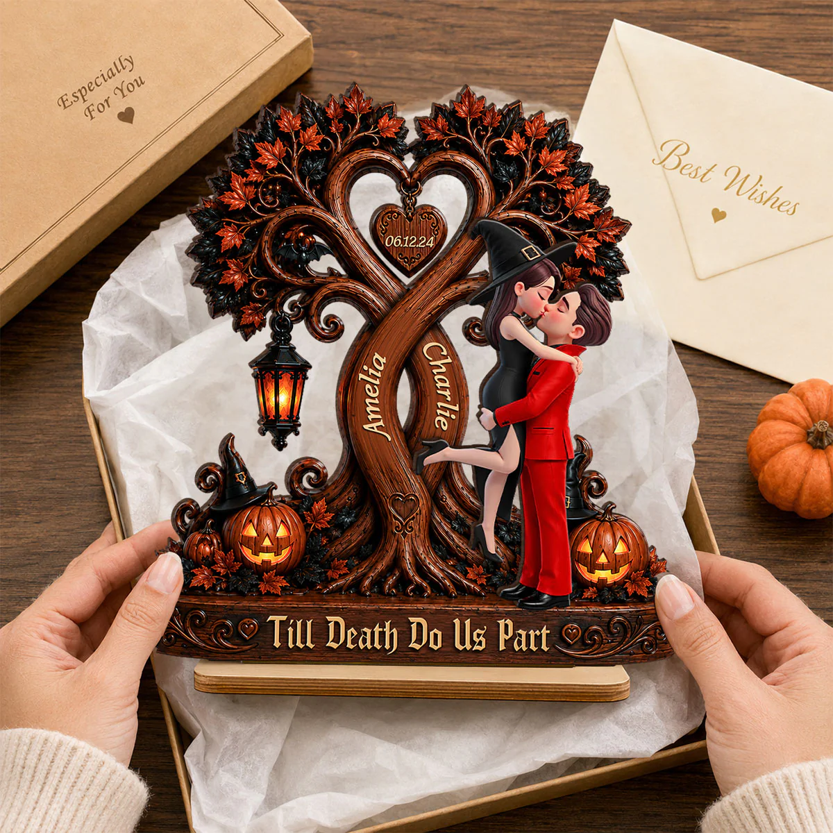 Couple Kissing Under Halloween Tree - Personalized 2-Layered Wooden Plaque - Halloween Decor for Her, for Him - Image 7