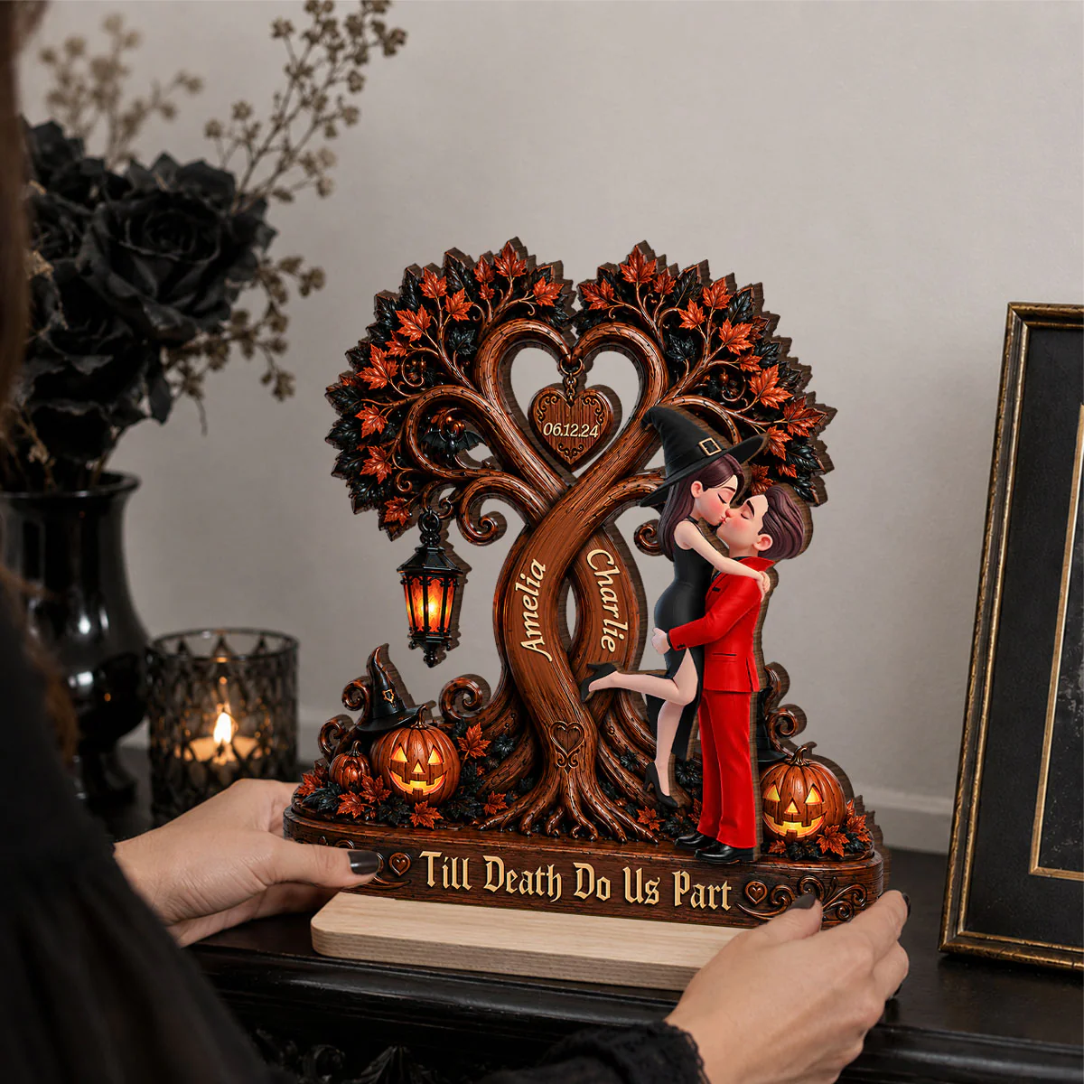 Couple Kissing Under Halloween Tree - Personalized 2-Layered Wooden Plaque - Halloween Decor for Her, for Him - Image 9