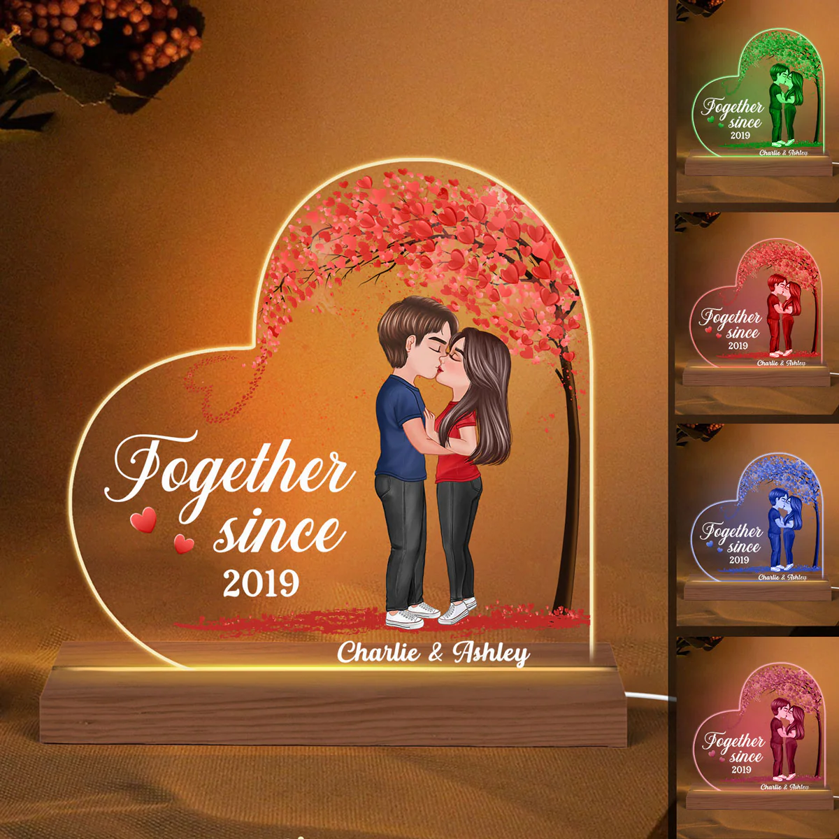 Couple Kissing Under Heart Tree Personalized Custom Shape LED Night Light