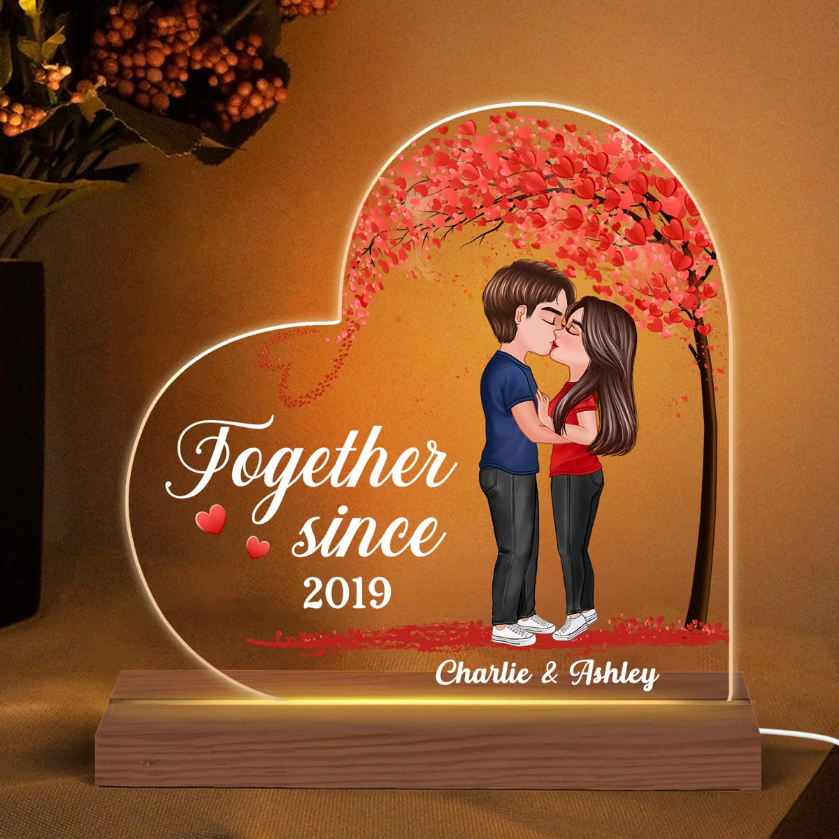 Couple Kissing Under Heart Tree Personalized Custom Shape LED Night Light - Image 3