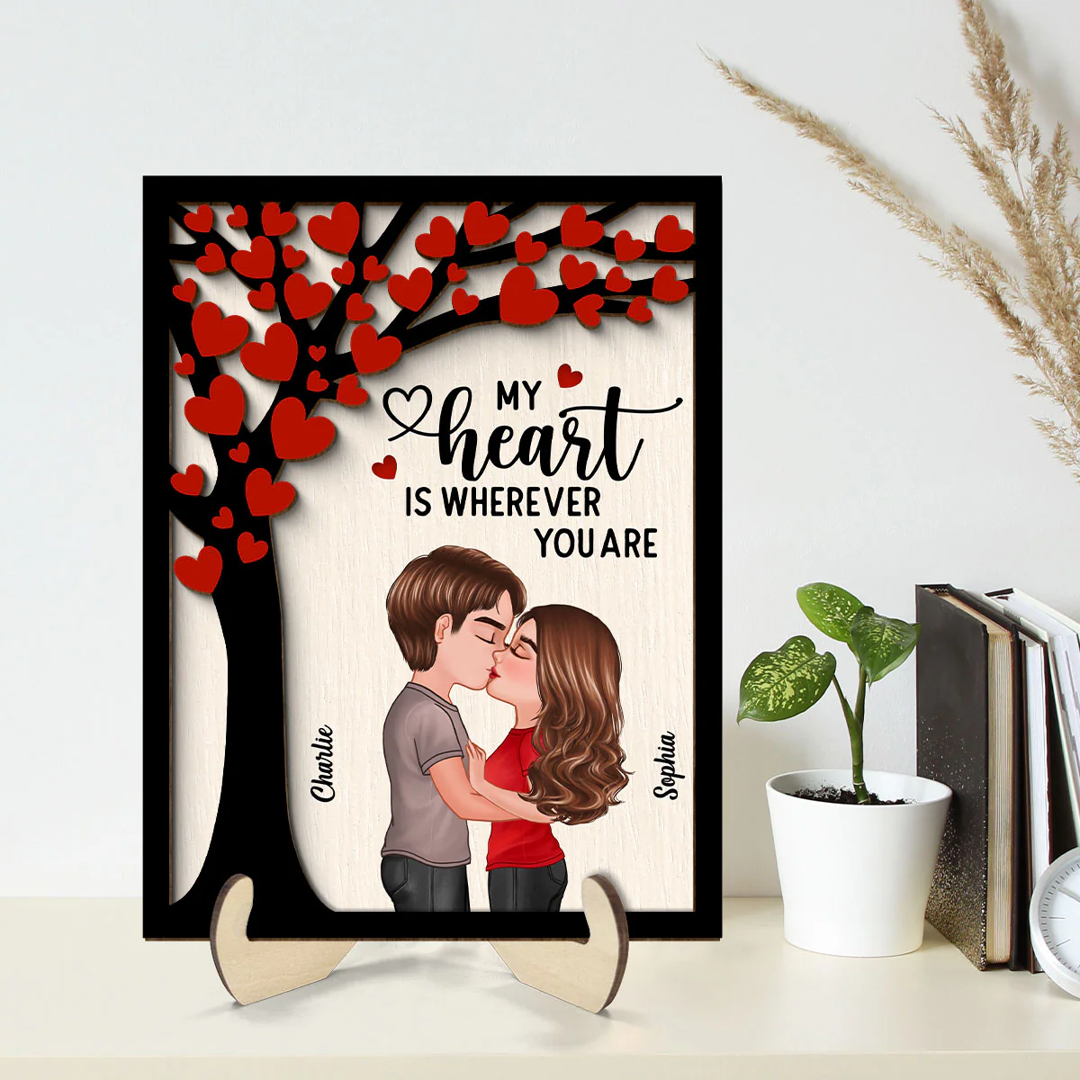Couple Kissing Under Heart Tree Personalized 2-Layer Wooden Plaque - Image 2