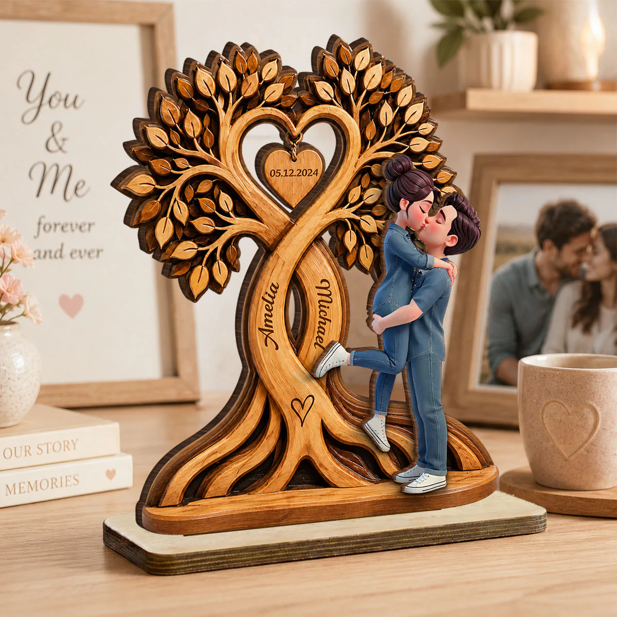 Couple Kissing Under Heart Tree - Personalized 2-Layered Wooden Plaque - Heartfelt Anniversary Gift for Him, for Her - Image 5