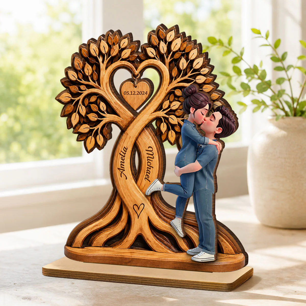 Couple Kissing Under Heart Tree - Personalized 2-Layered Wooden Plaque - Heartfelt Anniversary Gift for Him, for Her - Image 6