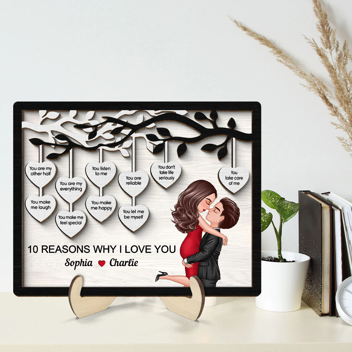 Couple Kissing Under Heart Tree Reasons I Love You Personalized 2-Layer Wooden Plaque, Valentine‘s Day Gift For Him, For Her - Image 2