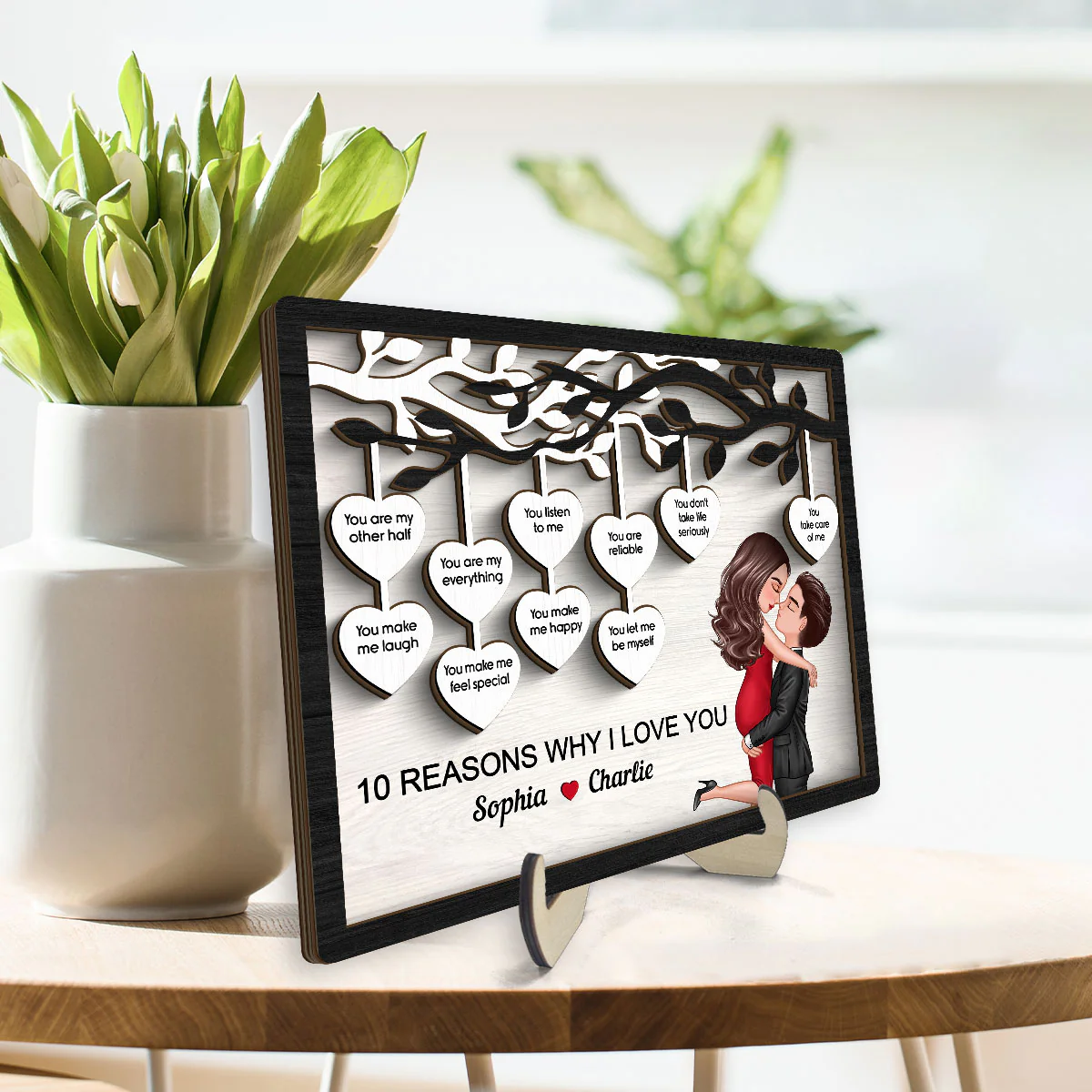 Couple Kissing Under Heart Tree Reasons I Love You Personalized 2-Layer Wooden Plaque, Valentine‘s Day Gift For Him, For Her - Image 3
