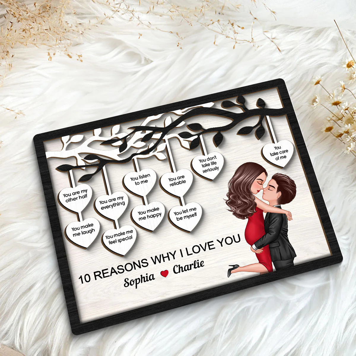 Couple Kissing Under Heart Tree Reasons I Love You Personalized 2-Layer Wooden Plaque, Valentine‘s Day Gift For Him, For Her - Image 5