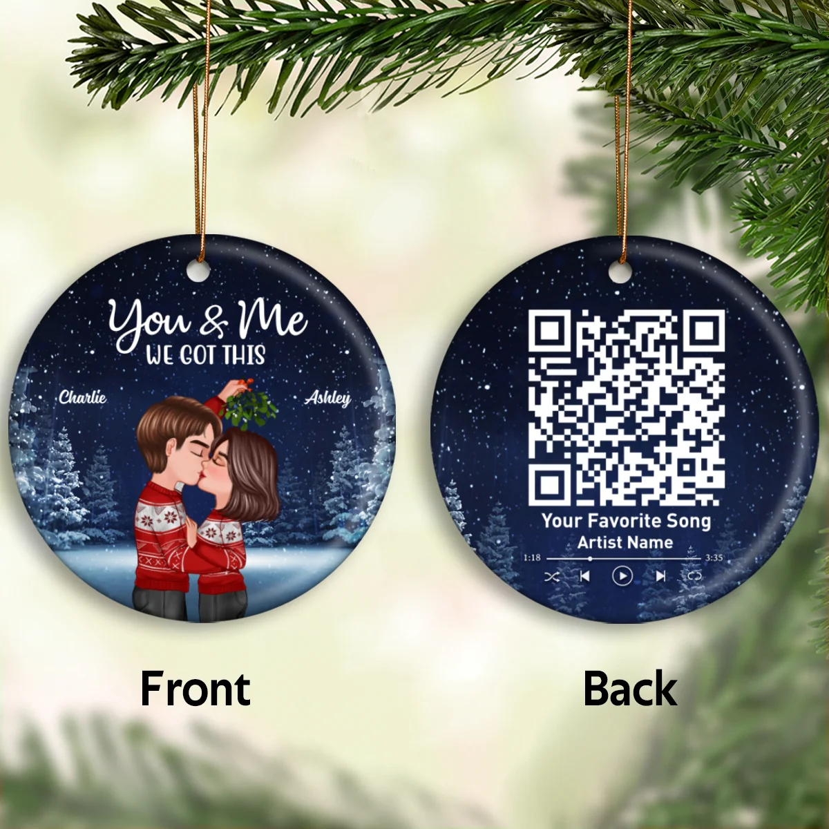 Couple Kissing Under Mistletoe Christmas Night Favorite Song Scannable QR Code Personalized Double Sided Circle Ornament - Image 5