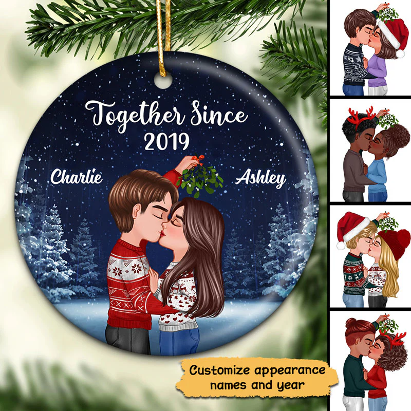 Couple Kissing Under Mistletoe Christmas Night Personalized Circle Ornament - Image 2