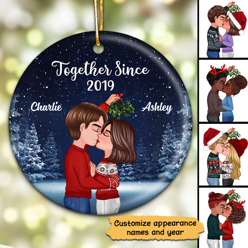 Couple Kissing Under Mistletoe Christmas Night Personalized Circle Ornament - Image 3