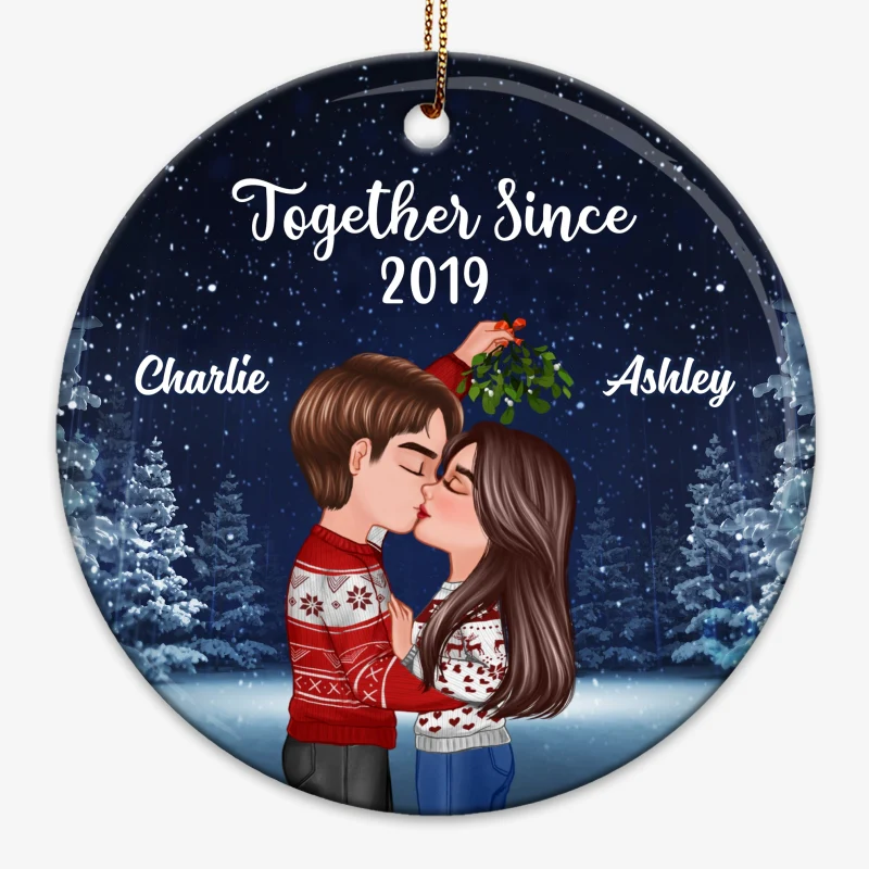 Couple Kissing Under Mistletoe Christmas Night Personalized Circle Ornament - Image 4