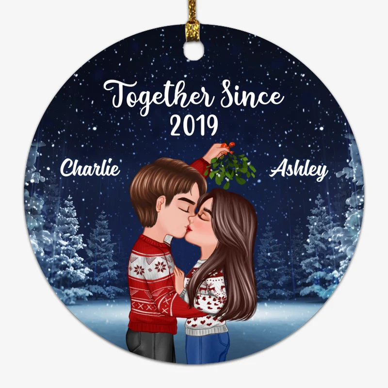 Couple Kissing Under Mistletoe Christmas Night Personalized Circle Ornament - Image 5