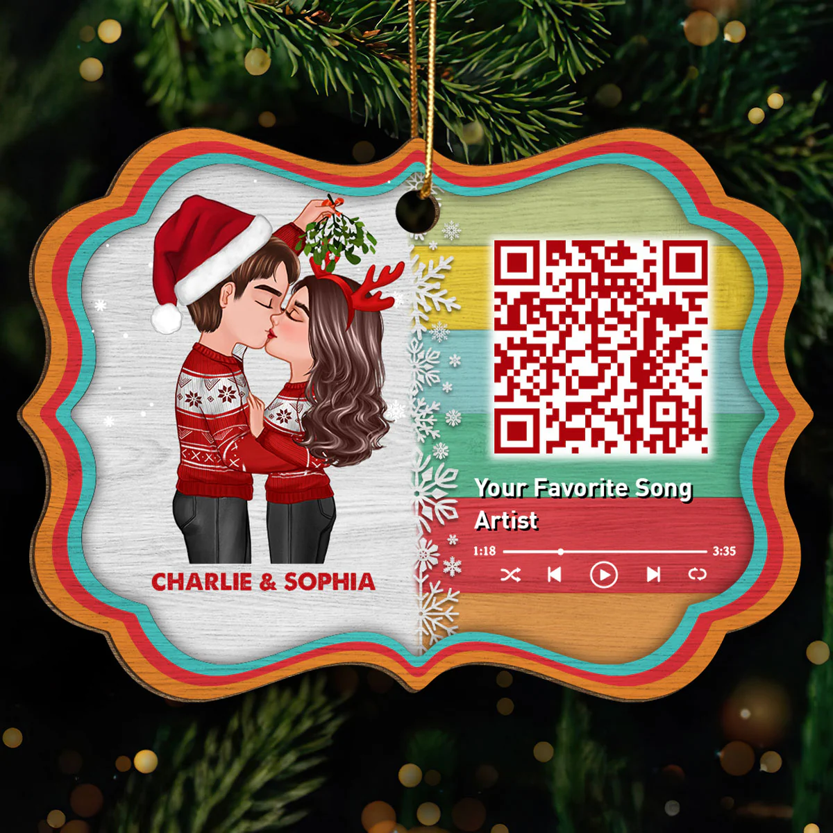 Couple Kissing Under Mistletoe Favorite Song Scannable QR Code Christmas Personalized Wooden Ornament - Image 2