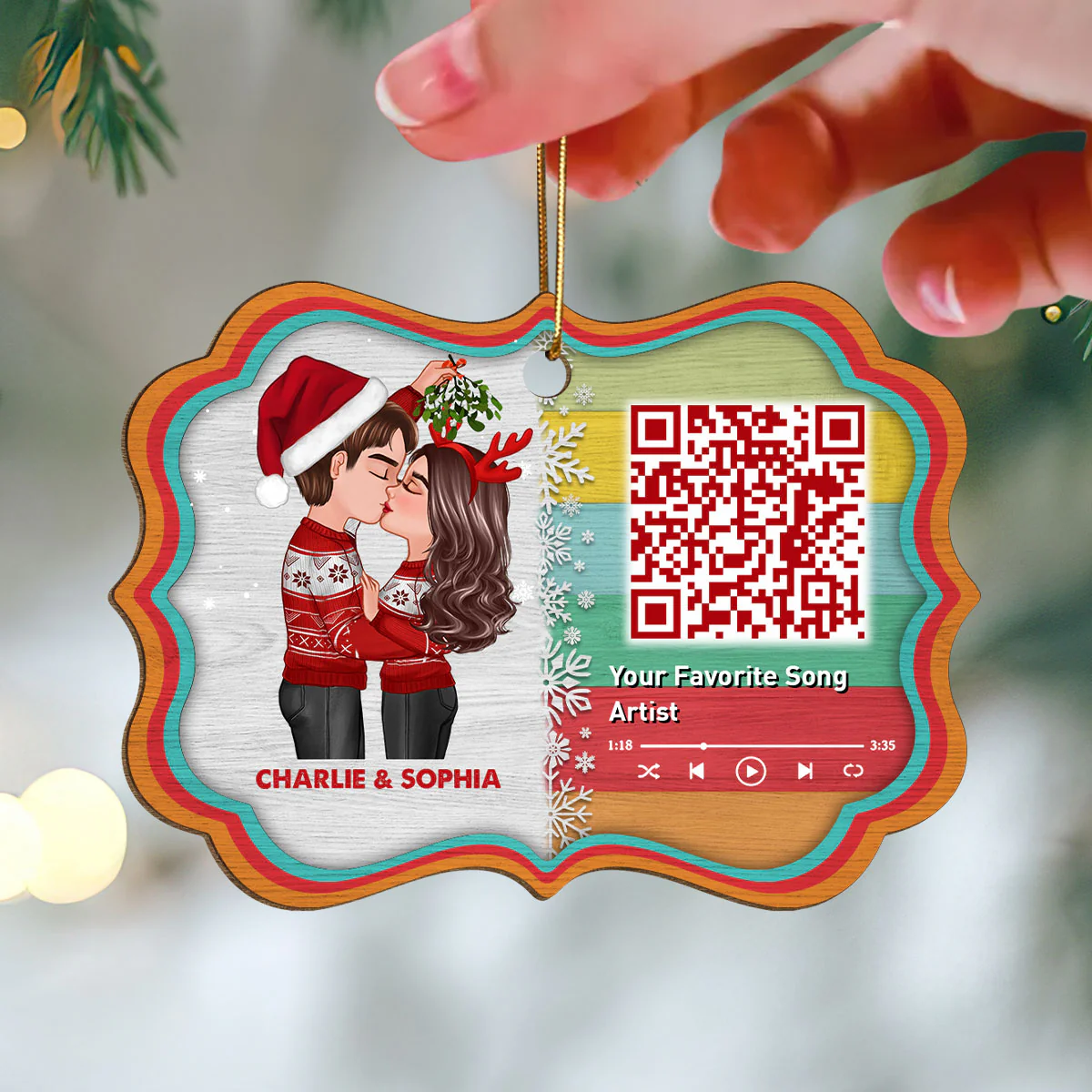 Couple Kissing Under Mistletoe Favorite Song Scannable QR Code Christmas Personalized Wooden Ornament - Image 3