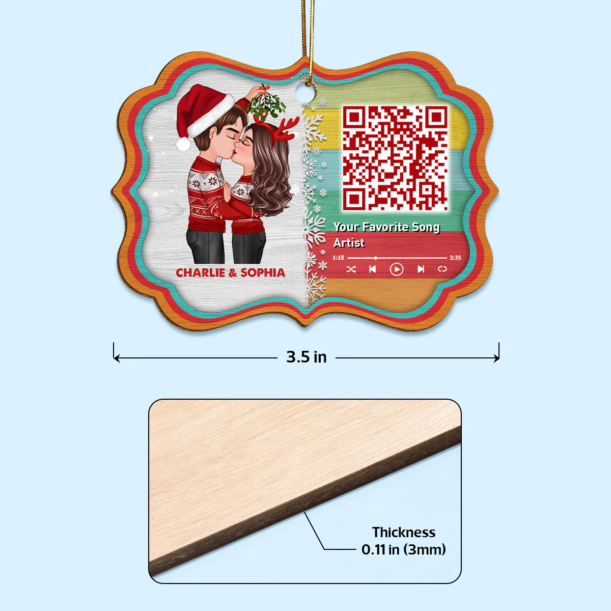 Couple Kissing Under Mistletoe Favorite Song Scannable QR Code Christmas Personalized Wooden Ornament - Image 4